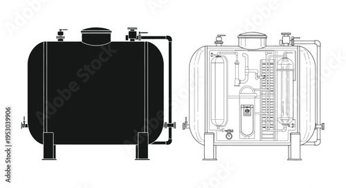 Schematic illustration of industrial tanks with pipes and valves