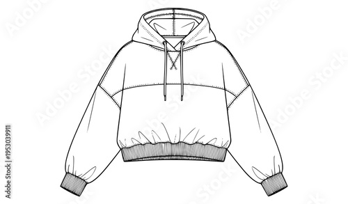 Girl’s Oversize Cropped Sweatshirt Hoodie Technical CAD Illustration Front and Back
