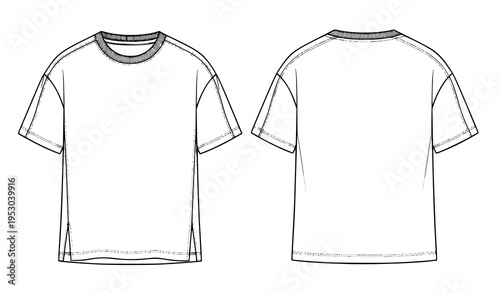 Unisex Basic T-Shirt Technical Fashion CAD Illustration Front and Back View