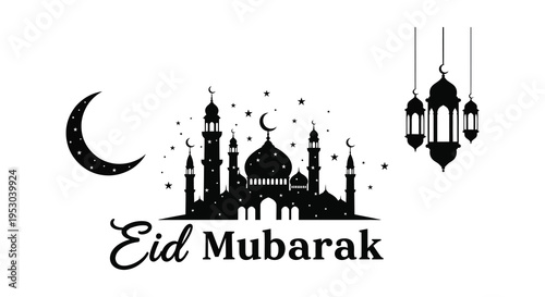 An artistic depiction of an eid celebration featuring a mosque and crescent moon silhouette high quality