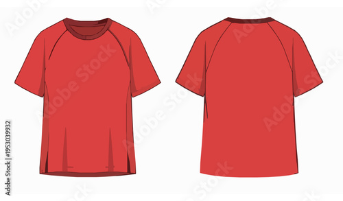 Red Unisex T-Shirt Flat CAD Technical Fashion Illustration for Apparel Design