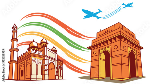 Travel to india landmarks with india gate and jama masjid architecture and airplane flight paths
