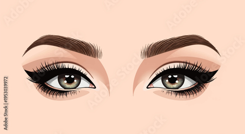 Vector illustration of a pair of female hazel eyes with professional makeup featuring black winged eyeliner, long thick eyelashes, and well-defined brown eyebrows on a peach background.
