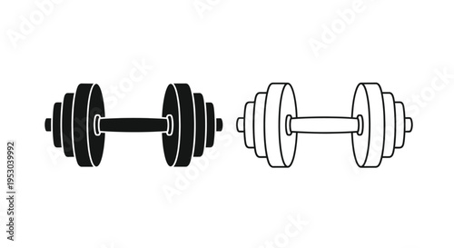 Two dumbbell illustrations a solid black version and a white outlined version