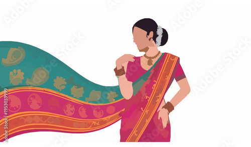 Colorful Saree Fashion Illustration of Indian Woman Flat Vector Style