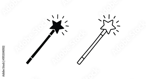 Two magic wands one filled and one outlined with sparkling star tips