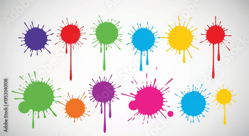 A collection of colorful paint splatters and ink blots featuring dripping liquid effects in various hues like red, blue, green, yellow, orange, and purple on a white background.