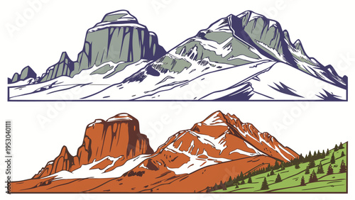 Vintage mountain landscape illustration with snow peaks and pine forest for outdoor adventure design