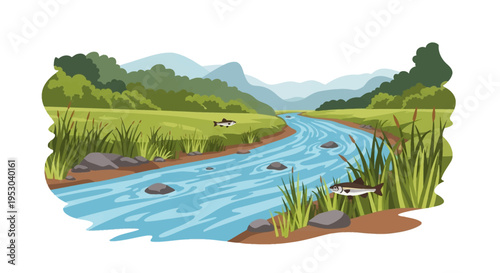 Flat vector illustration of a winding river ecosystem featuring freshwater fish, green riverbanks with reeds and cattails, rocks, lush forests, and mountains under a clear sky.