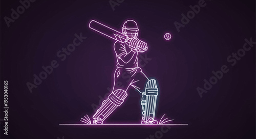 Minimalist purple neon line art illustration of a cricket batsman wearing a helmet and pads while playing a batting stroke towards a ball against a dark, glowing background.