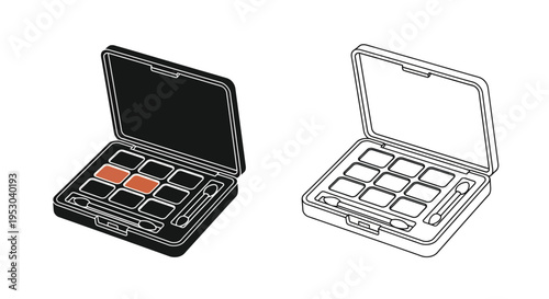 Two cosmetic palettes shown in contrasting black and white outlines