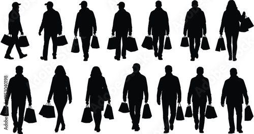 shopping, shoppers, people, silhouette, bags, retail, consumer, walking, purchase, store, sale, lifestyle, customer, market, buying, fashion, commerce, illustration, collection, set