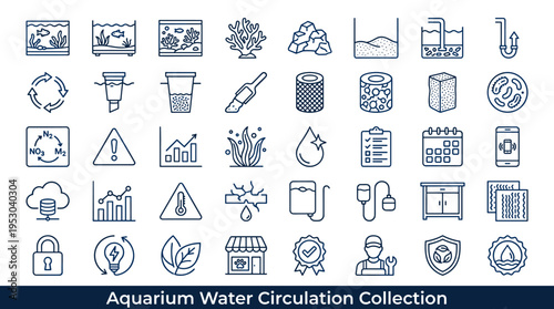 Aquarium water circulation and maintenance icons collection for aquatic life support systems