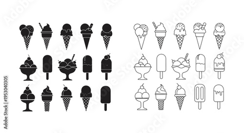 Black and white illustrations of various frozen dessert treats