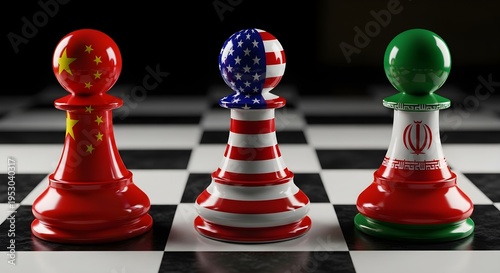 Three chess pawns, adorned with flags of China, USA, and Iran, stand on a chessboard, representing geopolitical strategy.