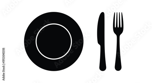 Simple black and white icon of a plate knife and fork