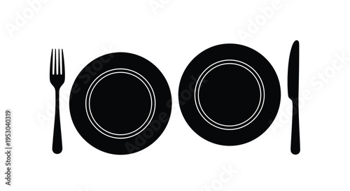 Minimalist black and white illustration of a plate fork and knife
