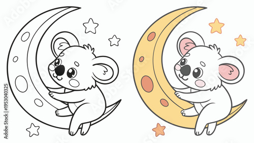 Cute baby koala sitting on a crescent moon with stars coloring page and colored illustration set