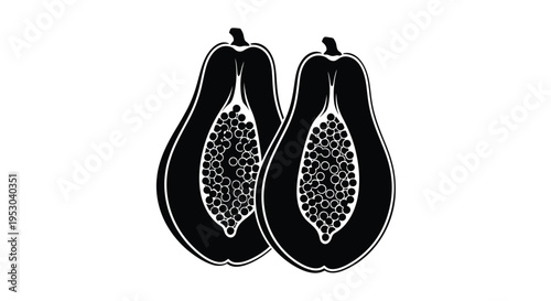 Two halved papayas reveal their seeded interiors in a stark design