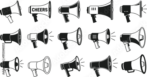 megaphone, speaker, horn, sound, voice, shout, cheer, icon, symbol, communication, announcement, loud, design, illustration, black