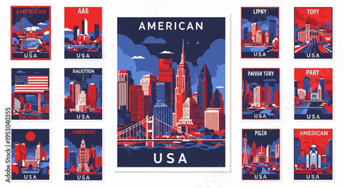 Set of vintage-style travel posters featuring American city skylines, landmarks, and skyscrapers in a flat vector design with a patriotic red, white, and blue color palette.
