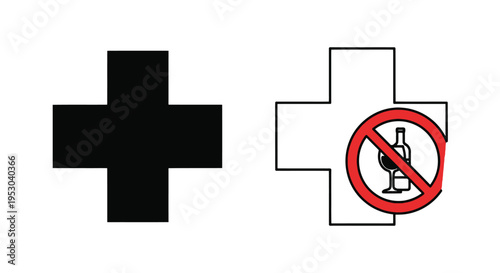 Black cross and medical cross with prohibition of alcohol symbol