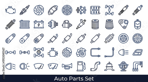 Collection of automotive parts icons in a clean, modern line art style for design