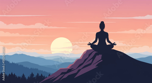 Vector illustration of a woman silhouette meditating in lotus pose on a mountain peak during sunset with a large sun, layered hills, pine forest, and pink sky background.