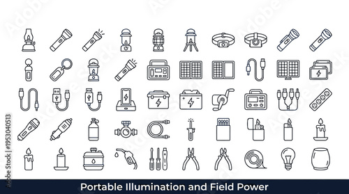 Collection of portable illumination and field power icons for outdoor and emergency use