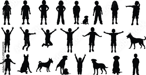 Silhouette illustration of children and dogs in playful poses, standing, jumping, raising arms, pointing, sitting, and interacting against white background showcasing movement and interaction