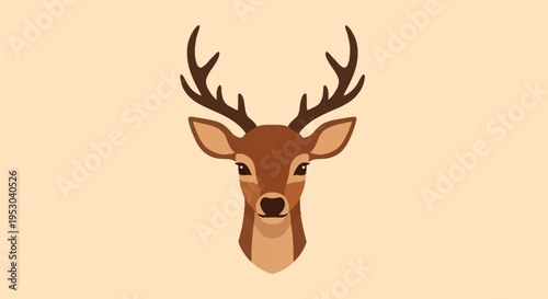 Flat vector illustration of a male deer or stag head with large brown antlers and symmetrical facial features, isolated on a light beige background for wildlife and nature themes.
