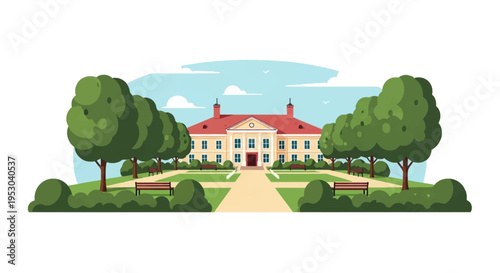 Flat vector illustration of a two-story neoclassical building with a red roof, fronted by a symmetrical park with green trees, wooden benches, and a central walkway.