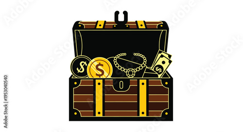An open treasure chest overflowing with gold coins jewels and currency