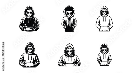 Six people wearing hoodies in different poses and expressions