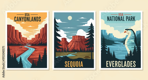 Set of three vintage style vector travel posters for USA National Parks including Canyonlands, Sequoia, and Everglades featuring scenic landscapes, mountains, rivers, and forests.