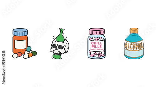 A colorful illustration of four different bottles and containers with various liquids and pills
