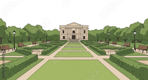 Vector illustration of a symmetrical formal garden featuring a neoclassical building, manicured hedges, green lawn sections, wooden benches, and street lamps under a white sky.