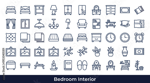 Collection of bedroom interior design elements and furniture icons in a clean outline style