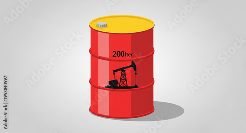 Red Oil Barrel with Pumpjack Illustration - Energy Industry Concept.