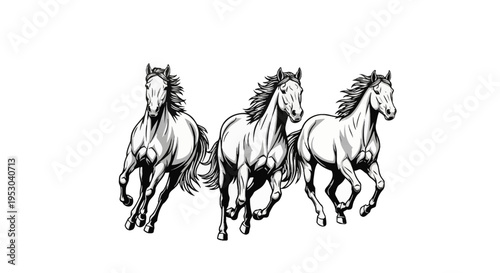 Black and white vector illustration of three wild stallions galloping forward, featuring intricate line art, muscular detail, and flowing manes, isolated on a white background.