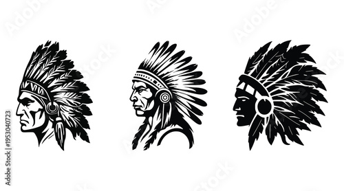 Three native american head shots in traditional headdresses