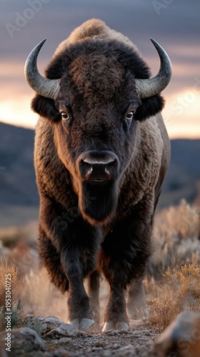 A powerful American bison standing in the dry grasslands at sunset