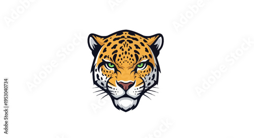 Vector mascot logo design of a jaguar head featuring green eyes, black rosettes, and orange fur, isolated on a white background, fierce feline predator illustration for sports.
