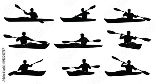 Collection of nine black silhouettes of men in kayaks paddling, isolated on a white background. Vector illustration showing different rowing poses and angles for water sports design.