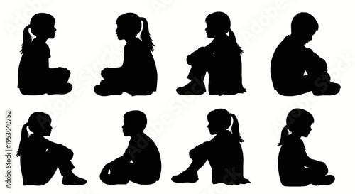 Collection of black silhouettes featuring eight children, boys and girls, sitting on the floor in various side profile poses and positions, isolated on a white background vector.