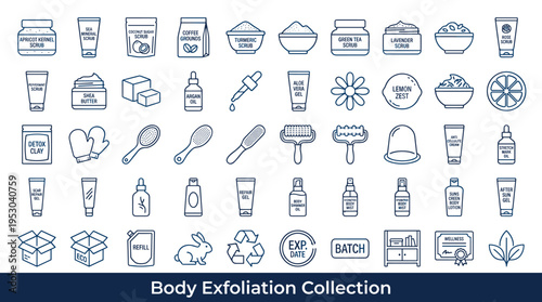 Collection of body exfoliation and skincare product icons for beauty and wellness