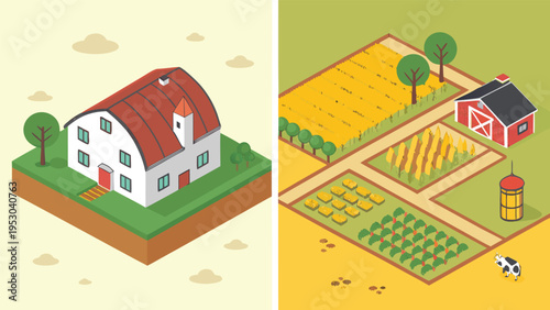Isometric farmhouse and agricultural field with barn and cow with food production