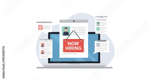 Flat vector illustration of a laptop computer with a red now hiring sign and multiple digital resumes and job application forms, depicting recruitment and online hiring process.