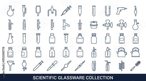 Collection of scientific glassware and laboratory equipment icons for research and education
