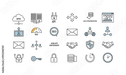 Cloud hosting server, API integration plug, data synchronization arrows, CMS content editor window, SEO optimization gauge, email